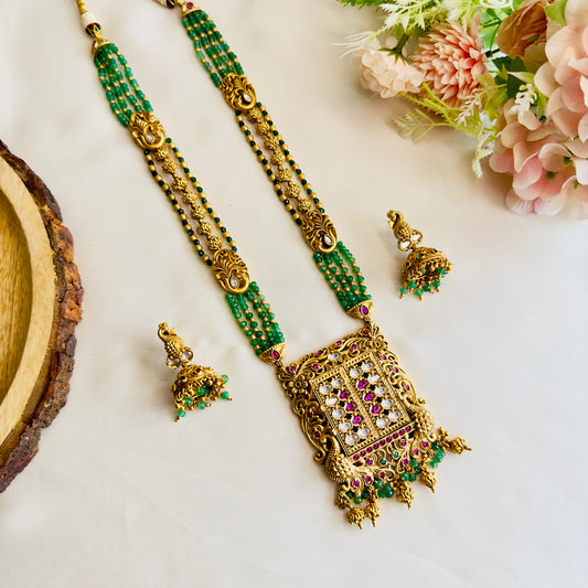 Long Pachi Kundan Green Beads Necklace Set