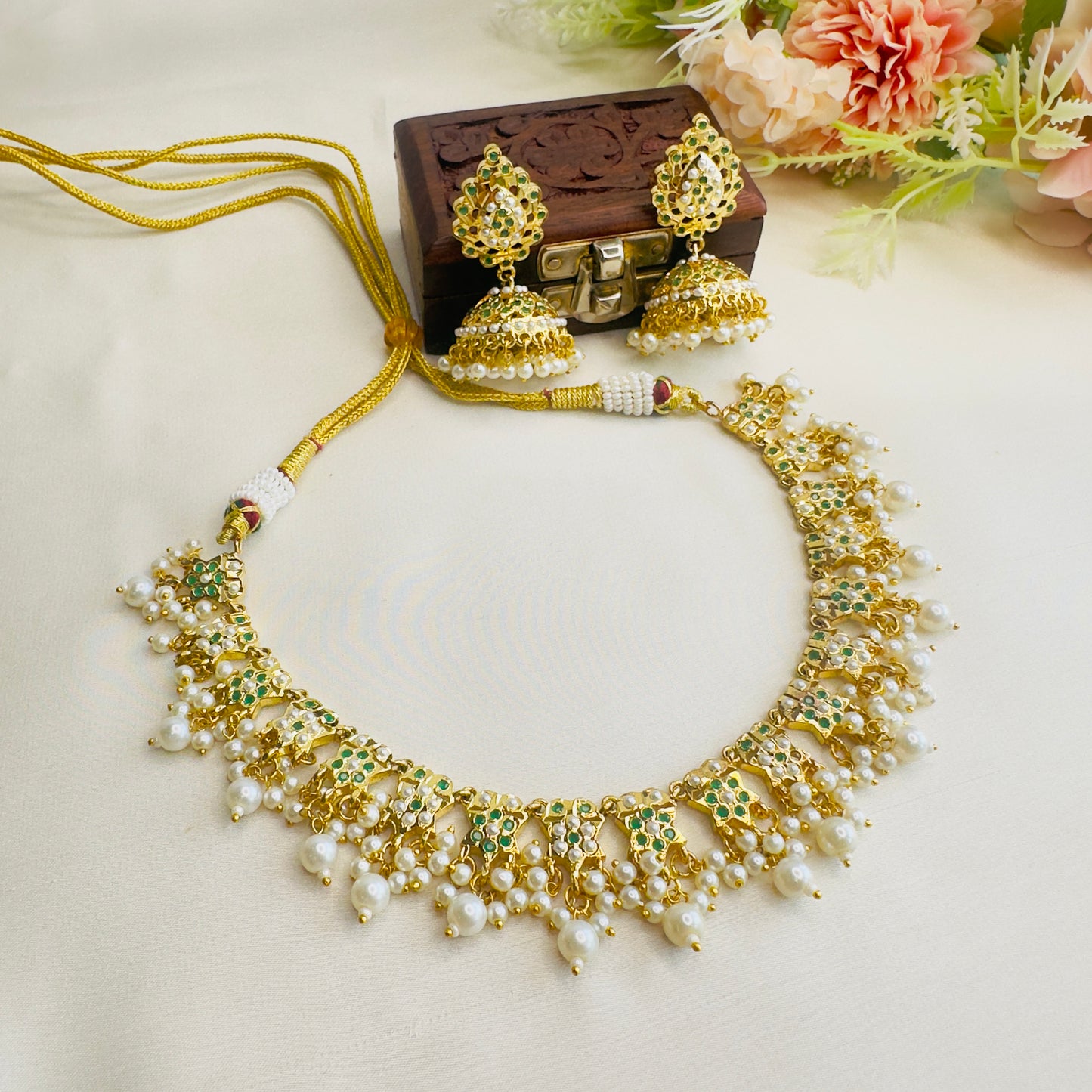 Green Pearl Hyderabadi Jadau Necklace Set