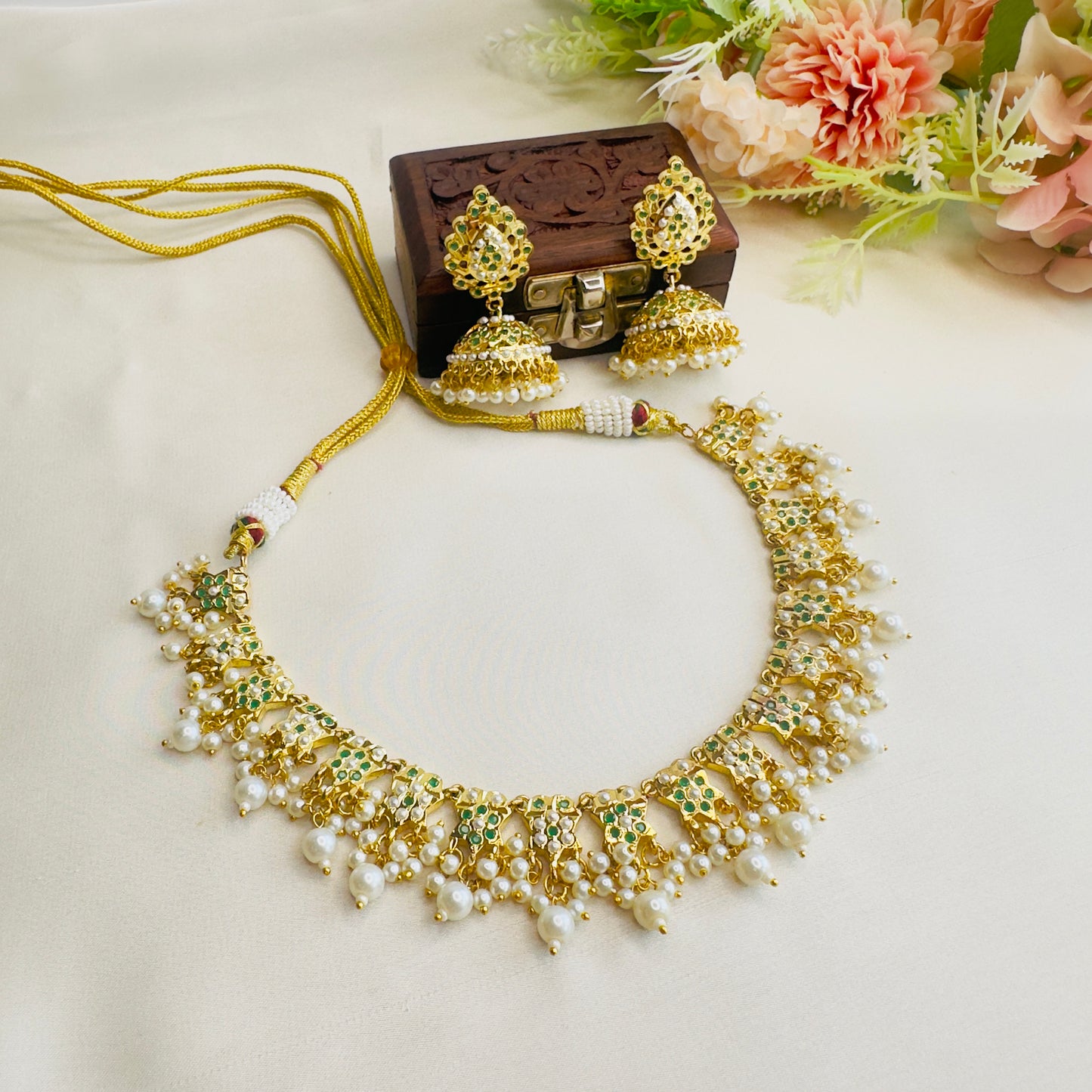 Green Pearl Hyderabadi Jadau Necklace Set