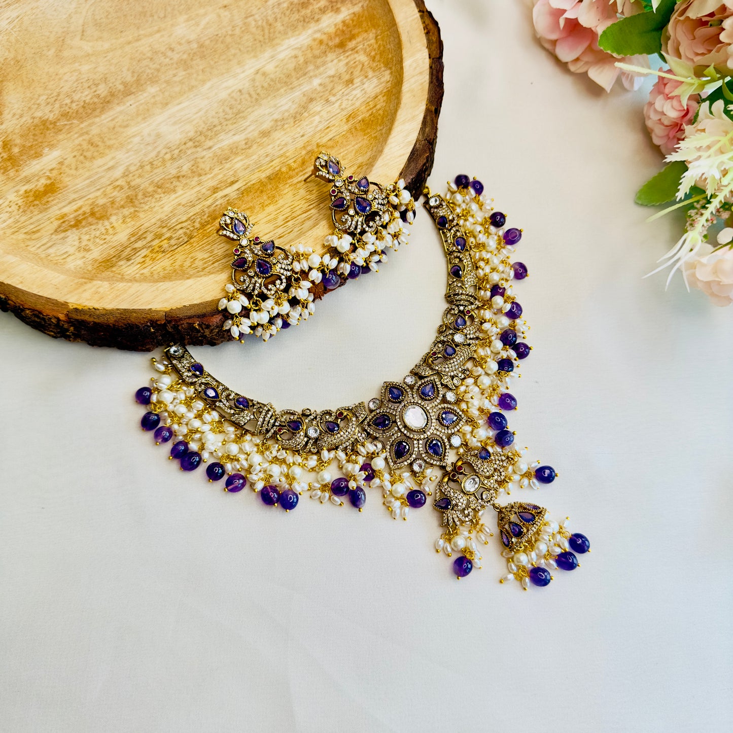 Victorian Polish Purple AD Necklace Set