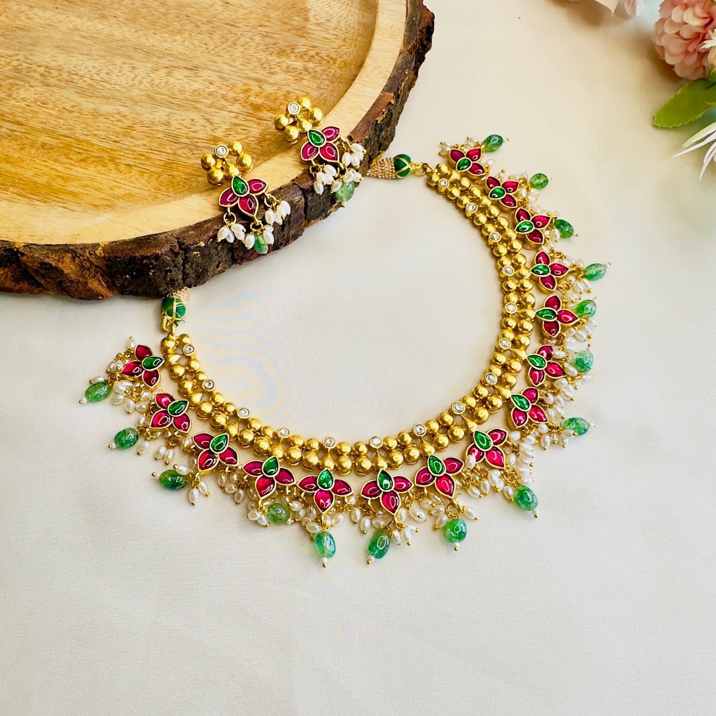 Jadau Ruby Green Necklace Set