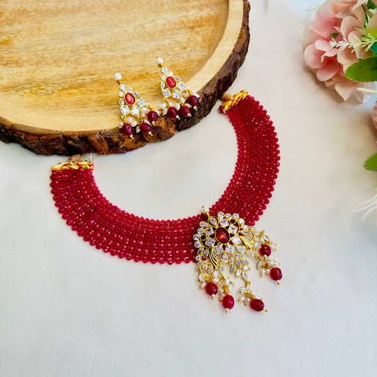 Ruby Pink AD Onyx Beads Necklace Set