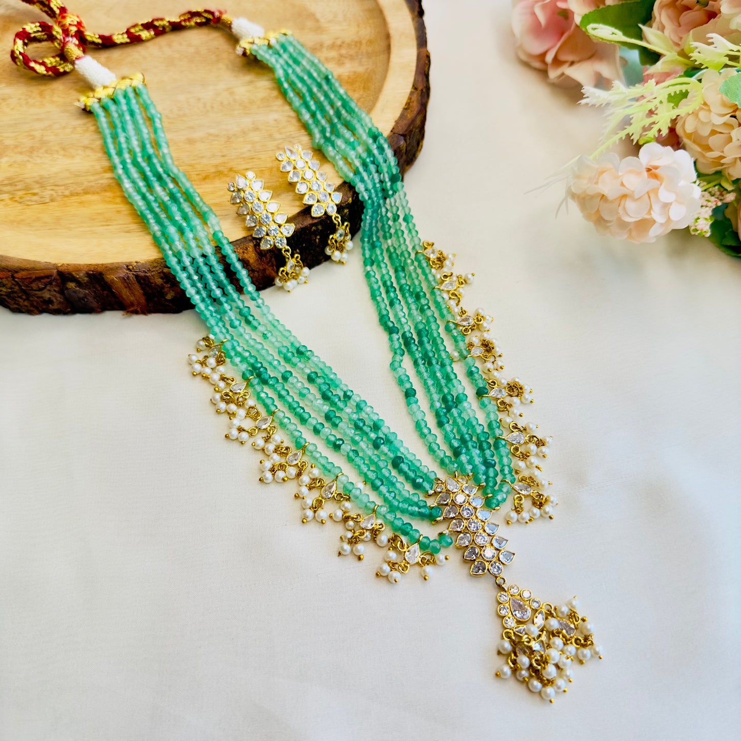 Long Mint Green with AD stone Necklace Set