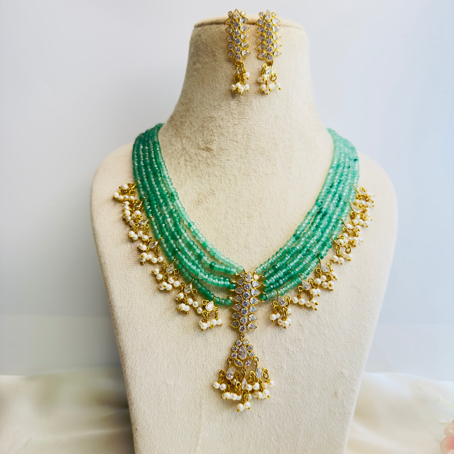 Long Mint Green with AD stone Necklace Set