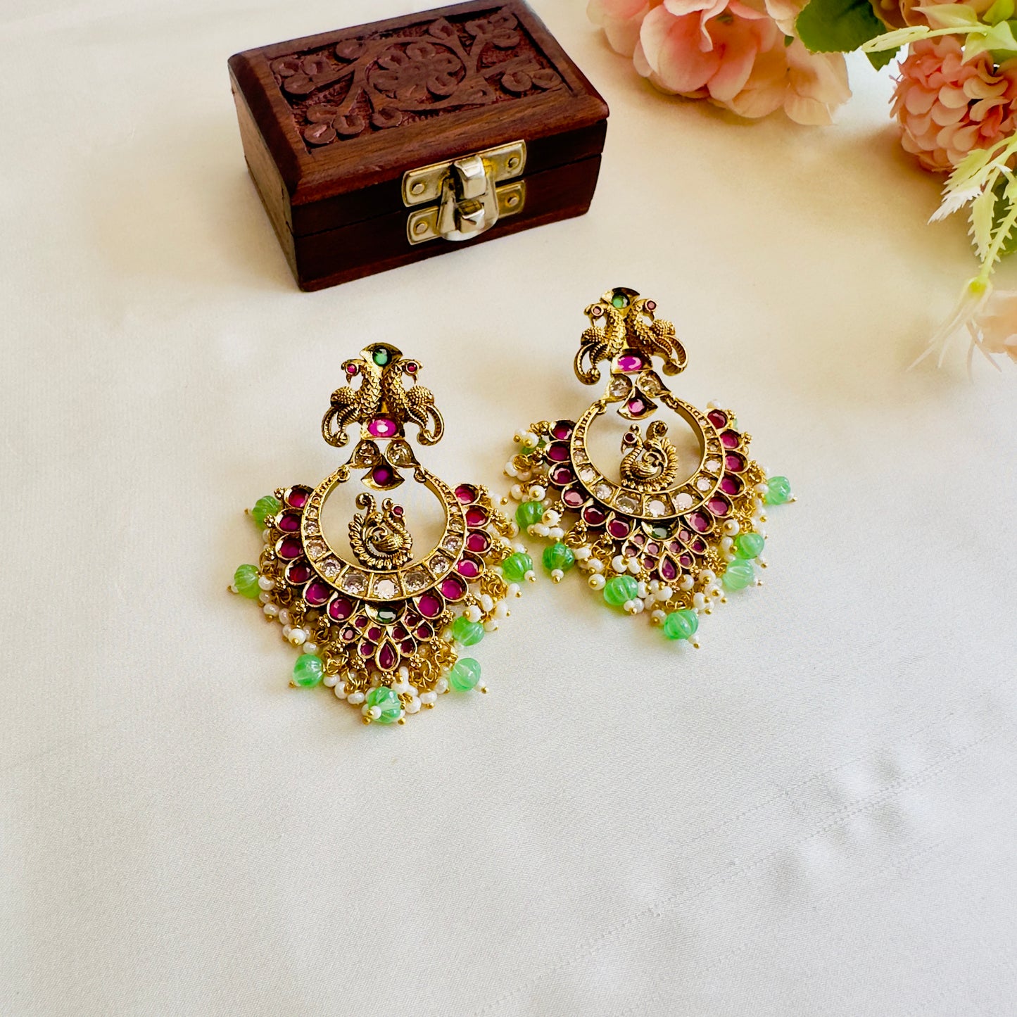 Peacock Design Green Beads Earrings