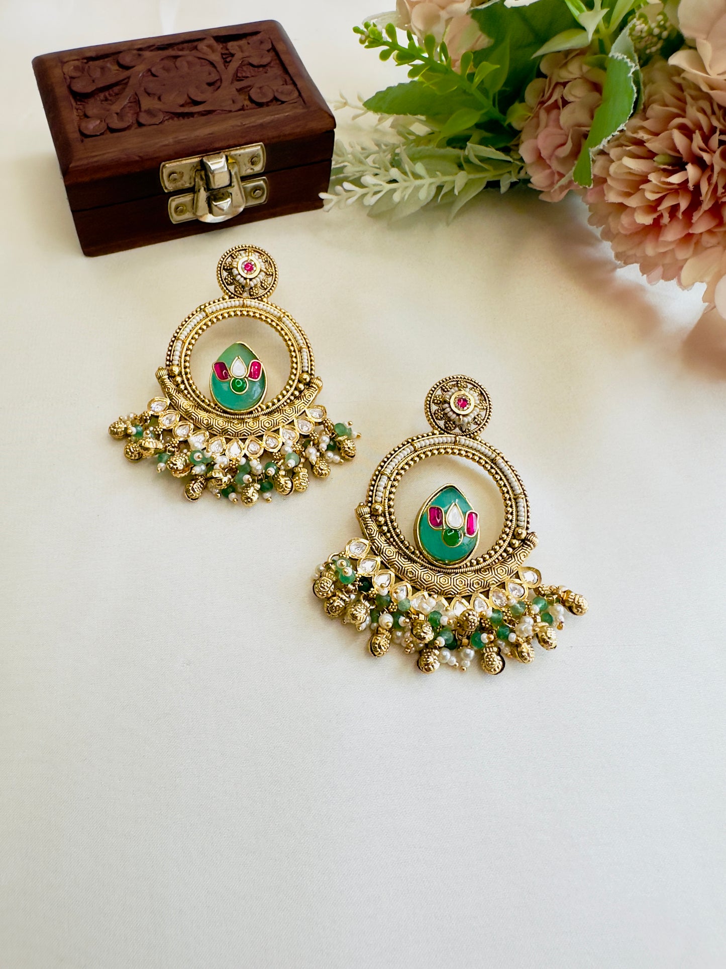 Mint Kundan Chandbali Earrings