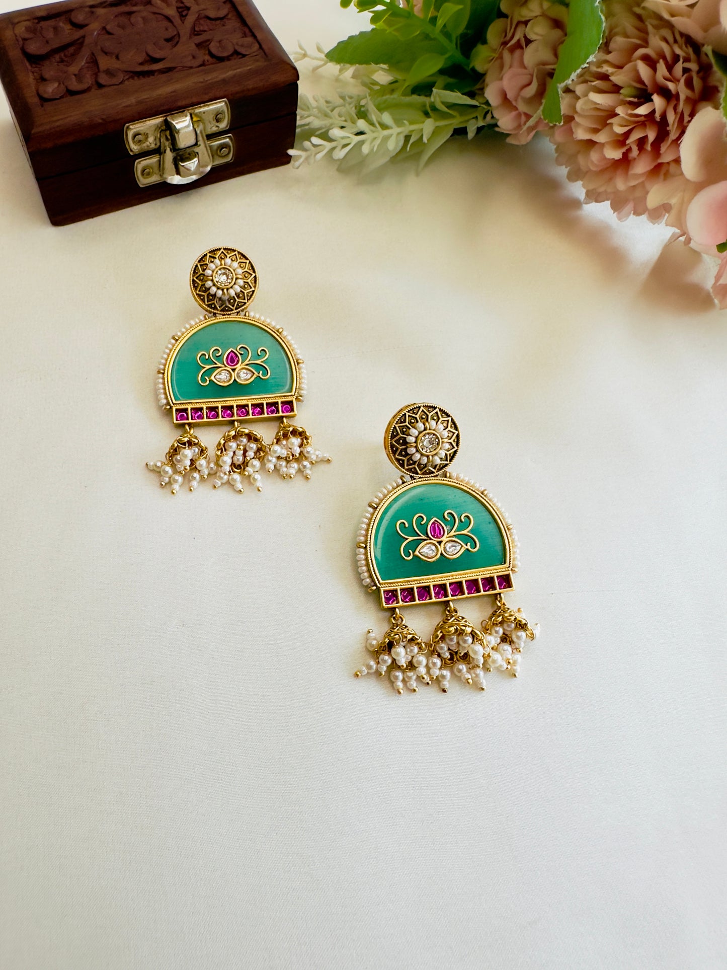 Mint Three Jhumki Earrings