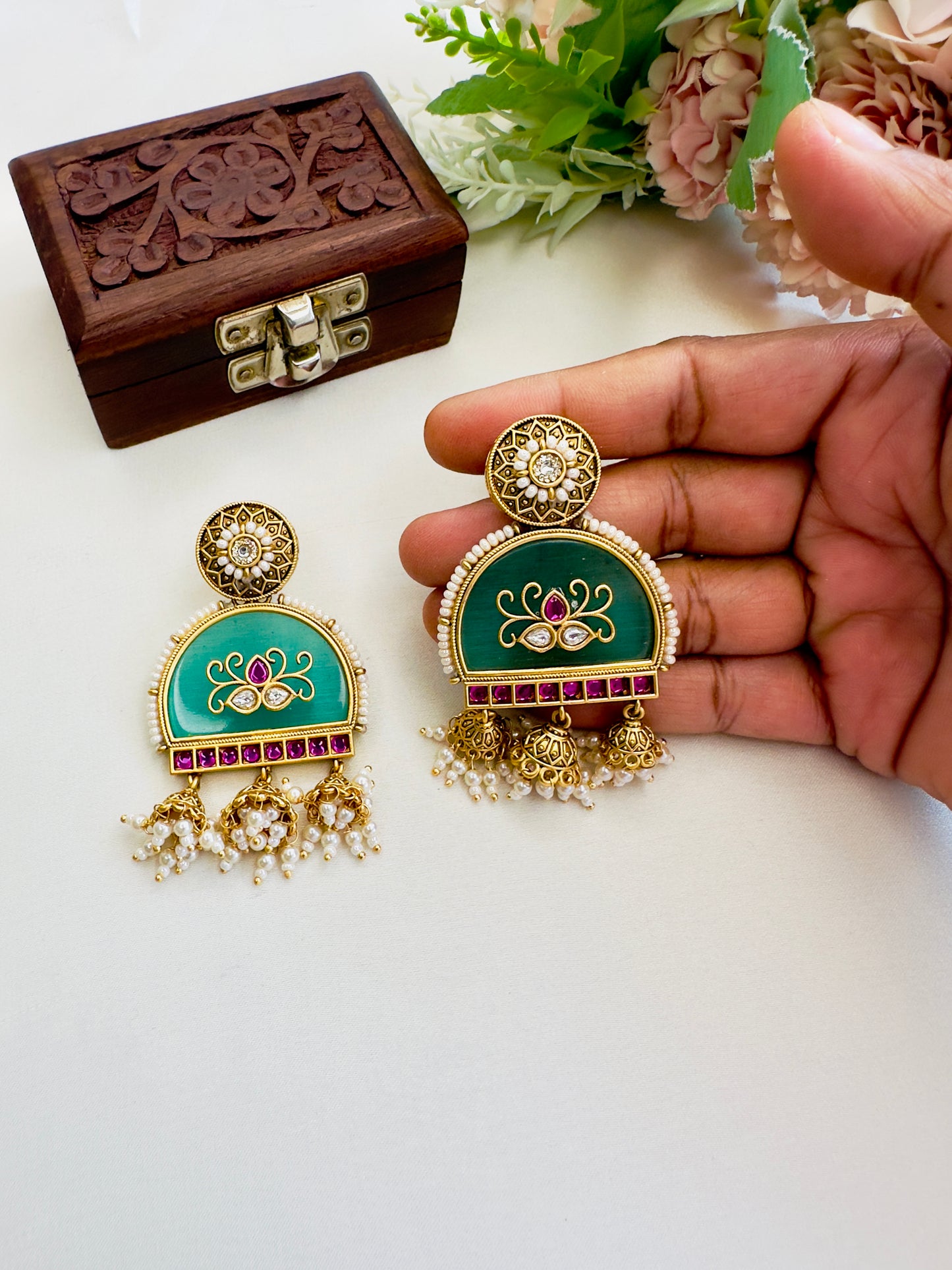 Mint Three Jhumki Earrings