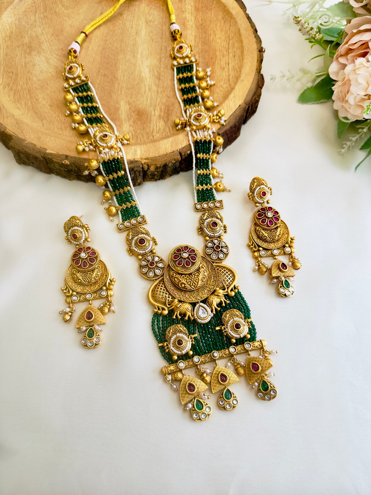 Long Green without Temple Motif Necklace Set