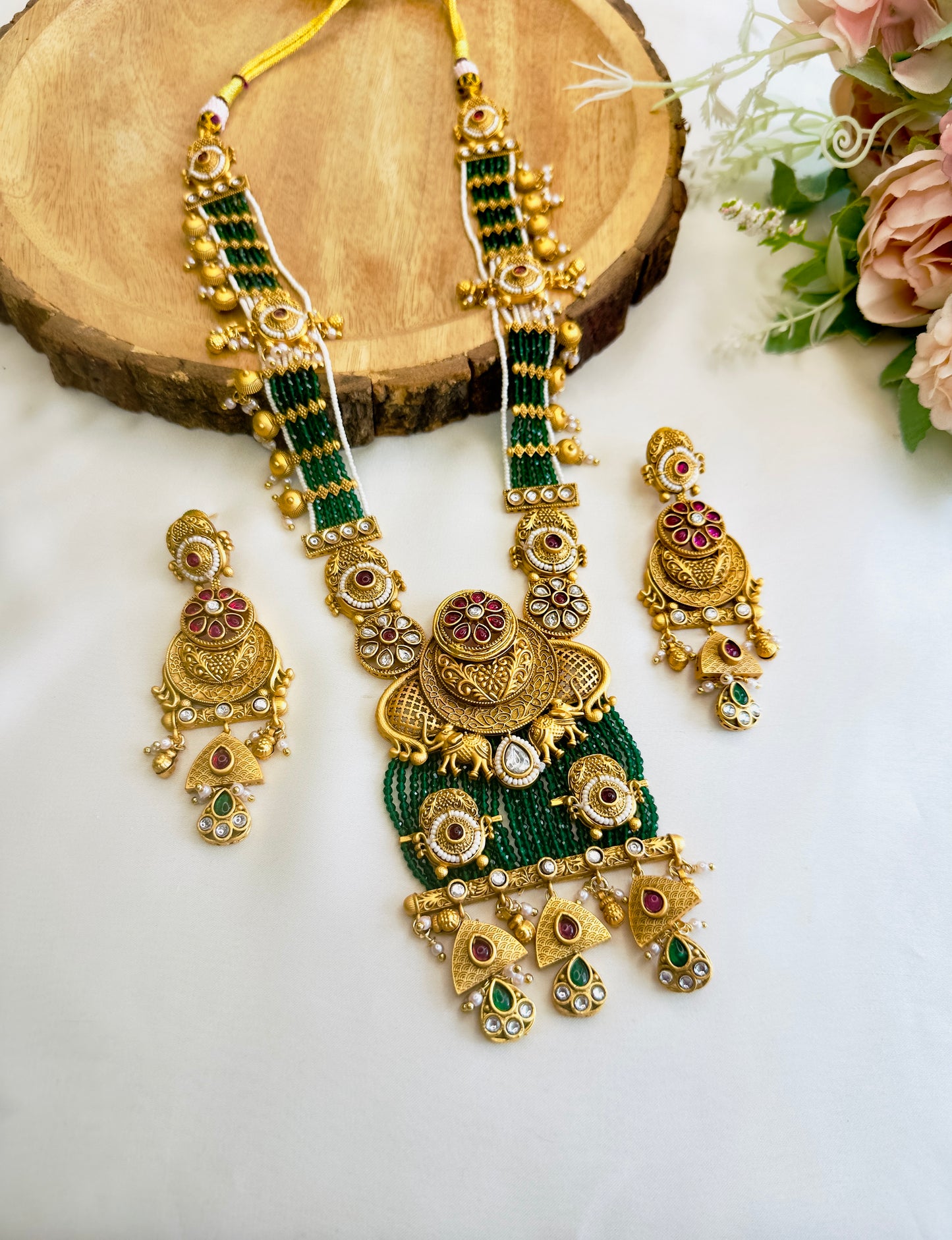 Long Green without Temple Motif Necklace Set
