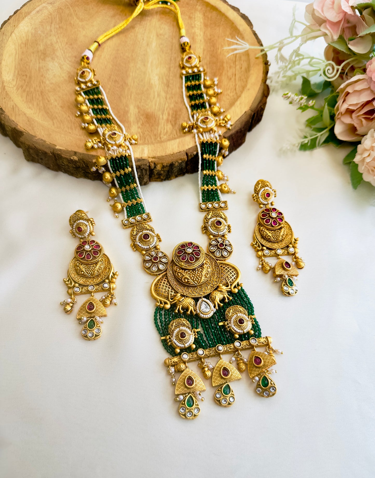 Long Green without Temple Motif Necklace Set
