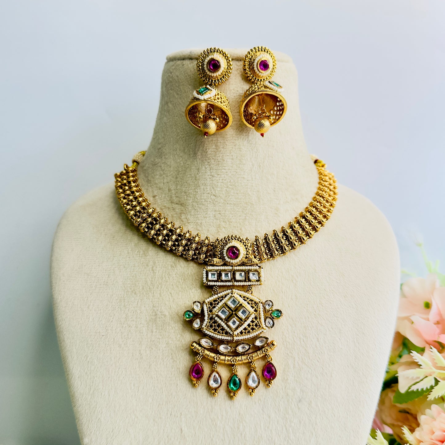 Multicolor Rajwadi Necklace with Jhumki