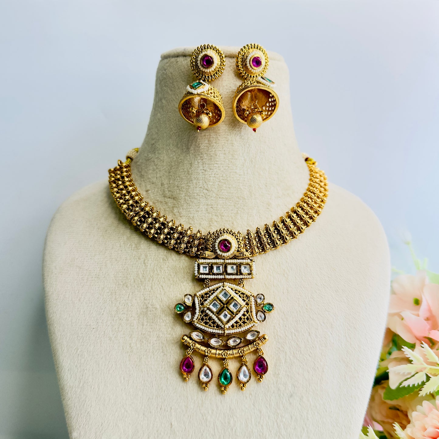 Multicolor Rajwadi Necklace with Jhumki