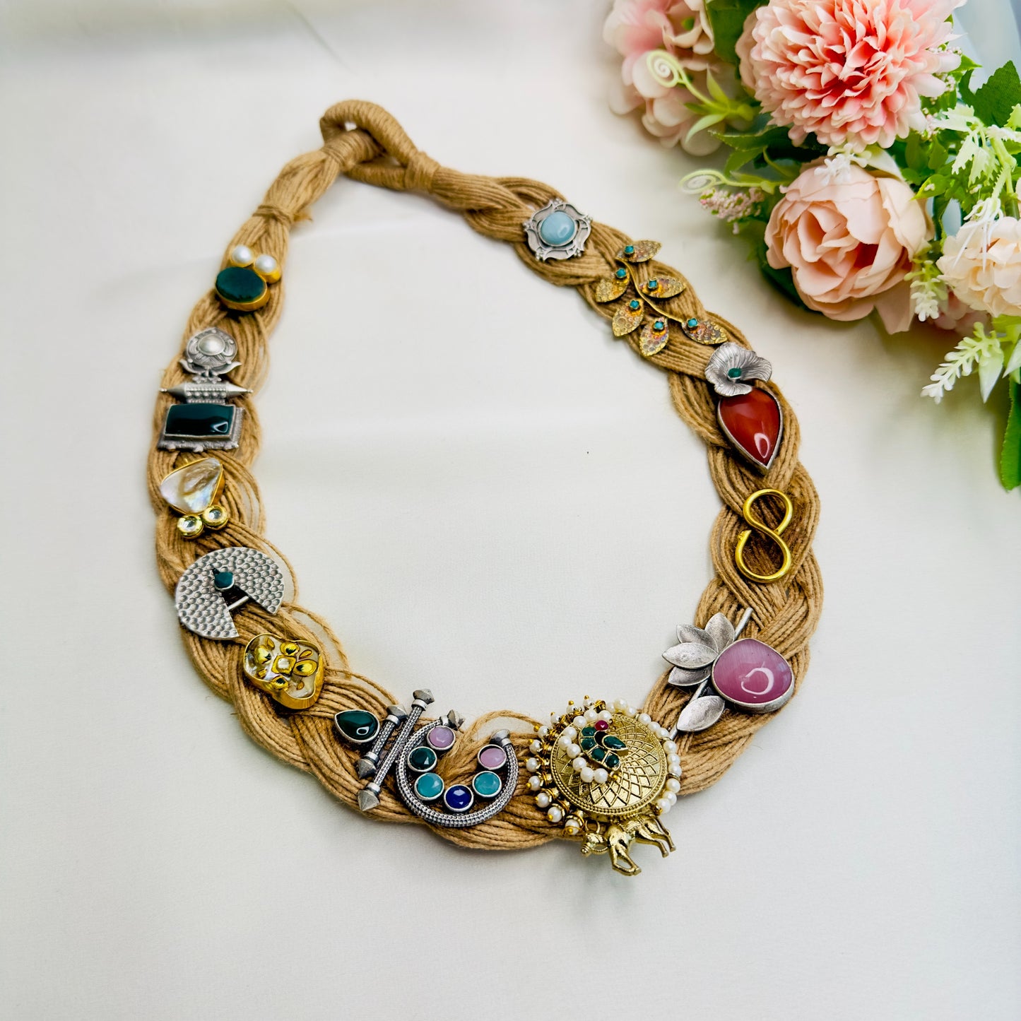 Dual Tone Silver Replica Jute Long Necklace
