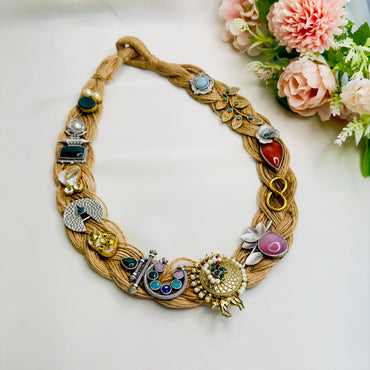 Dual Tone Silver Replica Jute Long Necklace