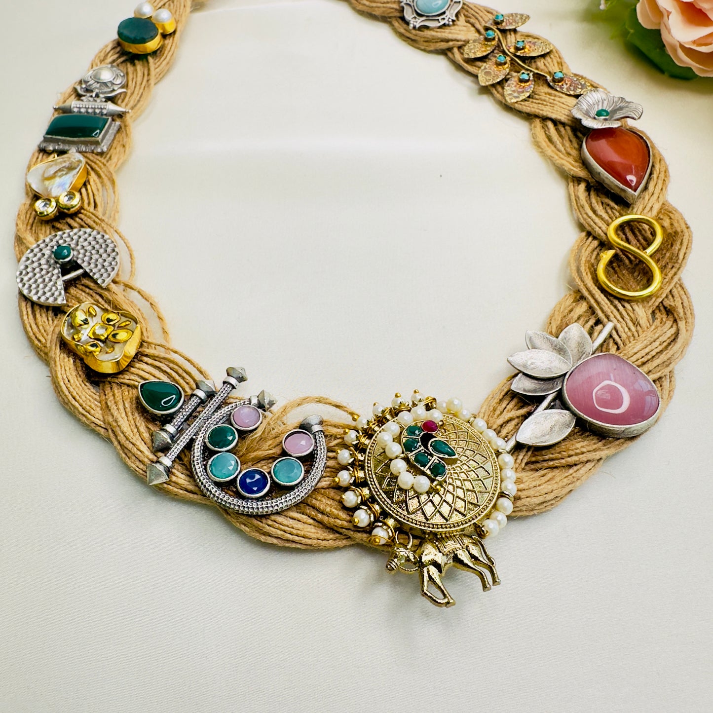 Dual Tone Silver Replica Jute Long Necklace