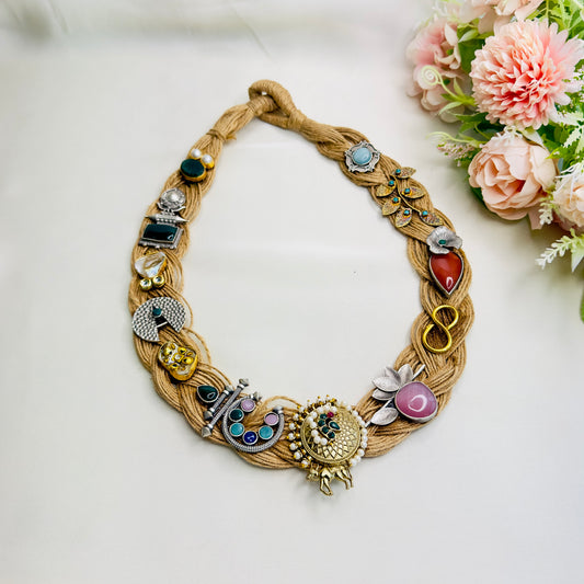 Dual Tone Silver Replica Jute Long Necklace
