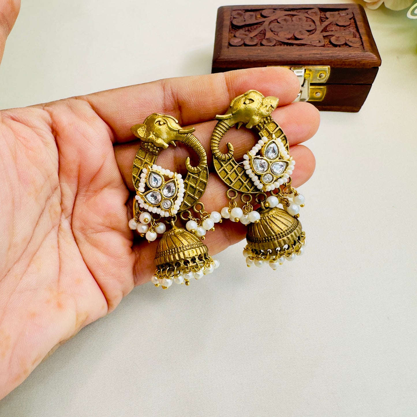 Elephant Motif Pachi Kundan small Jhumki Earrings