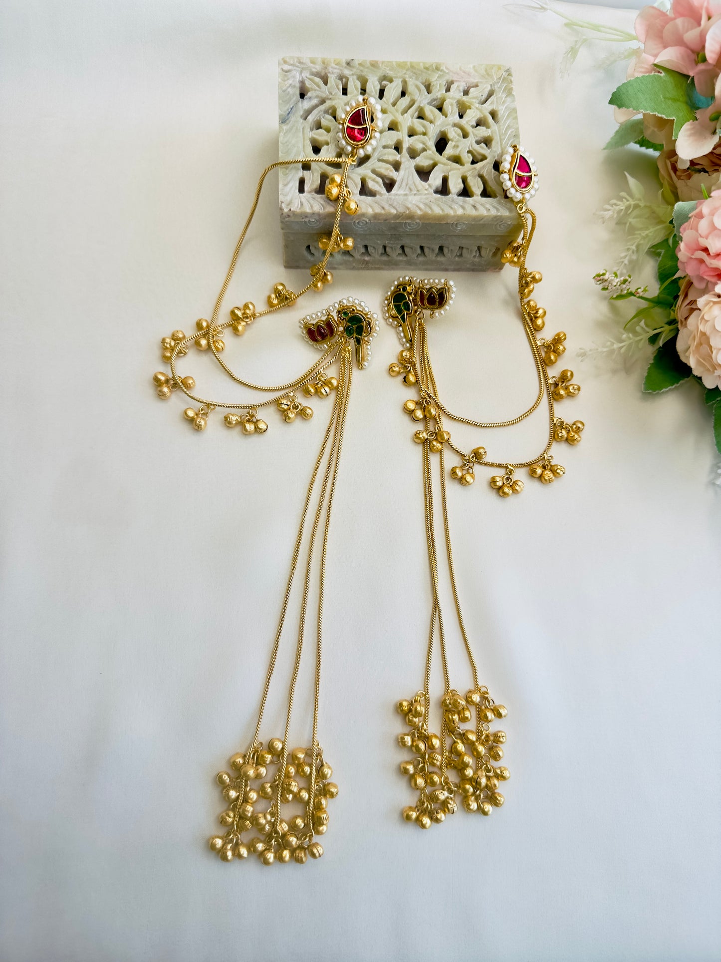 Pachi Kundan Kashmiri Earrings with Ear chain