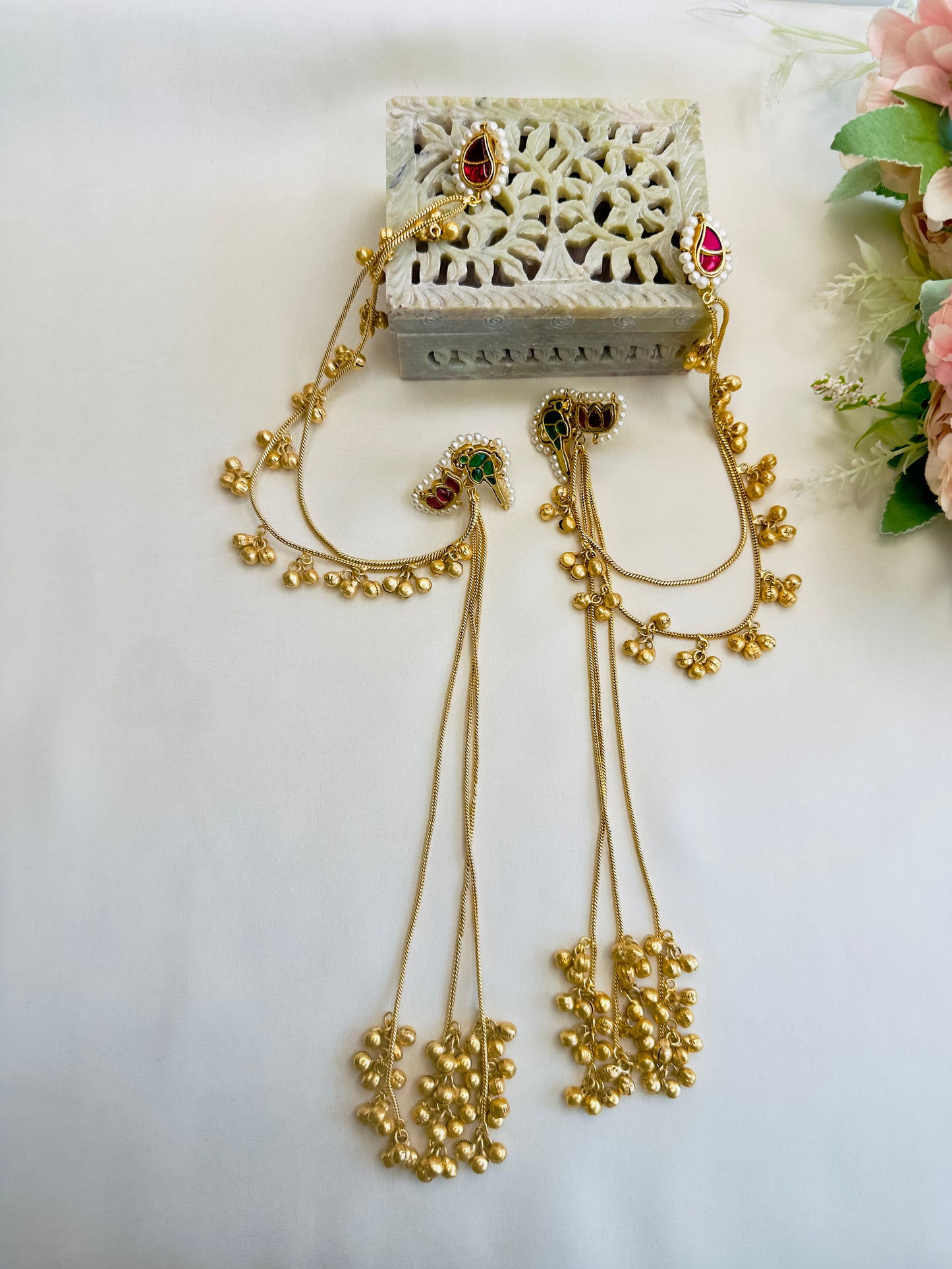 Pachi Kundan Kashmiri Earrings with Ear chain