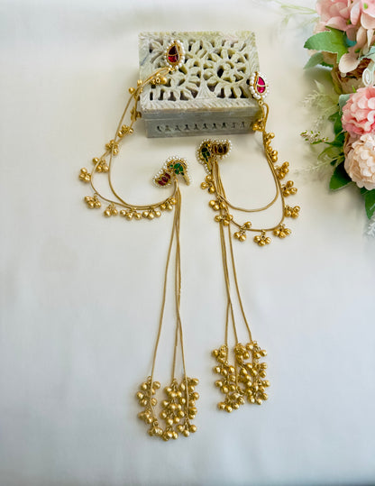 Pachi Kundan Kashmiri Earrings with Ear chain