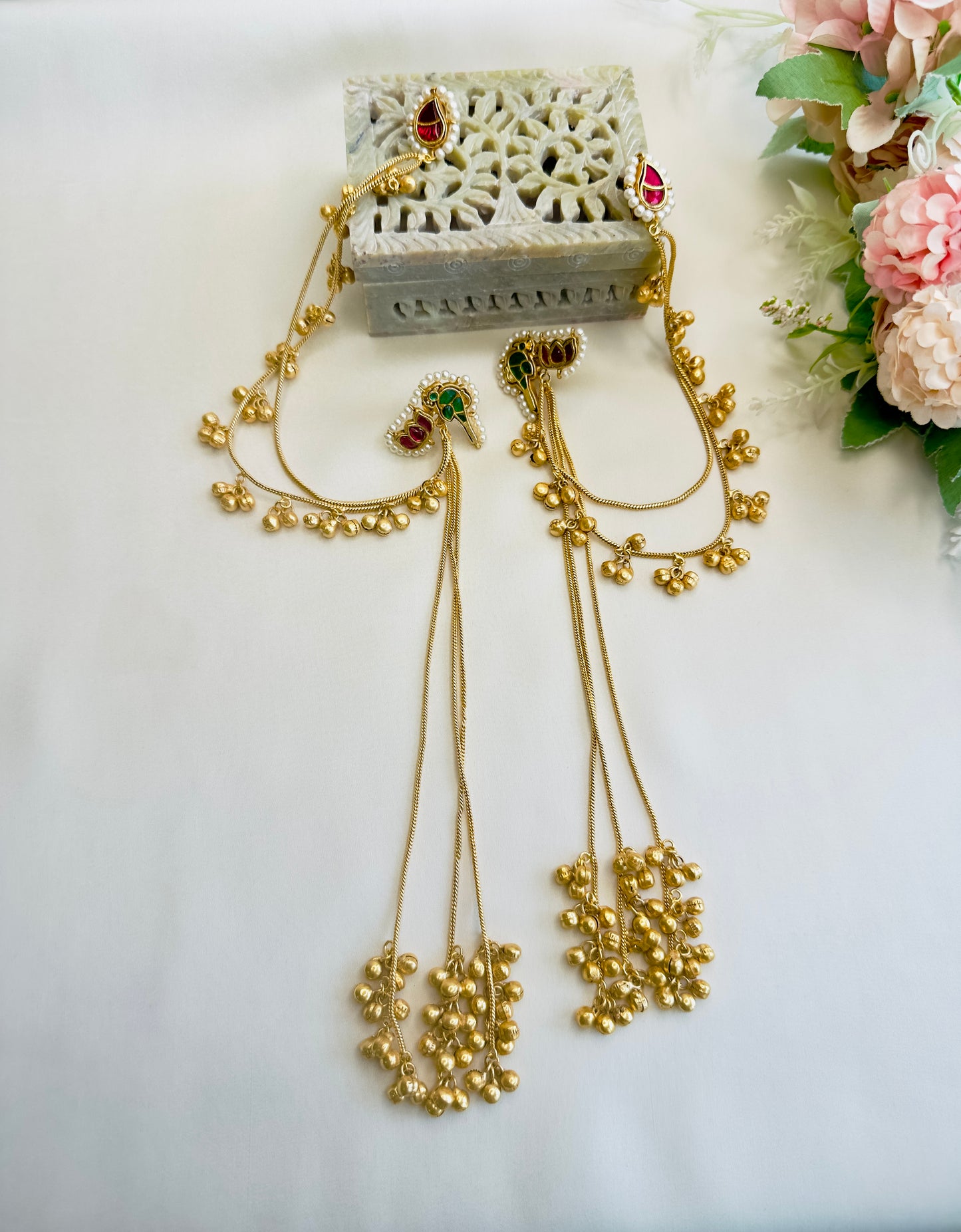 Pachi Kundan Kashmiri Earrings with Ear chain
