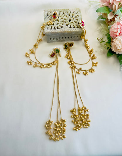 Pachi Kundan Kashmiri Earrings with Ear chain