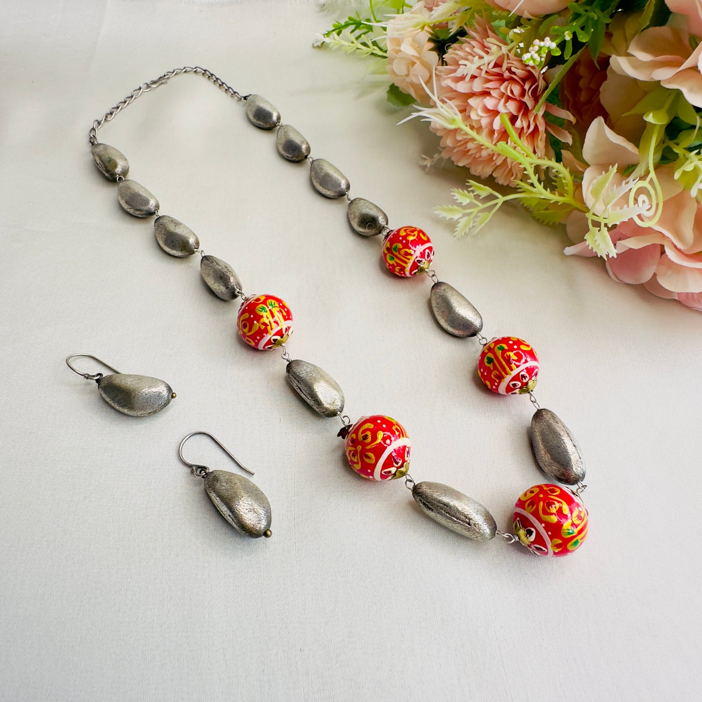 Silver tone hand painted Necklace set