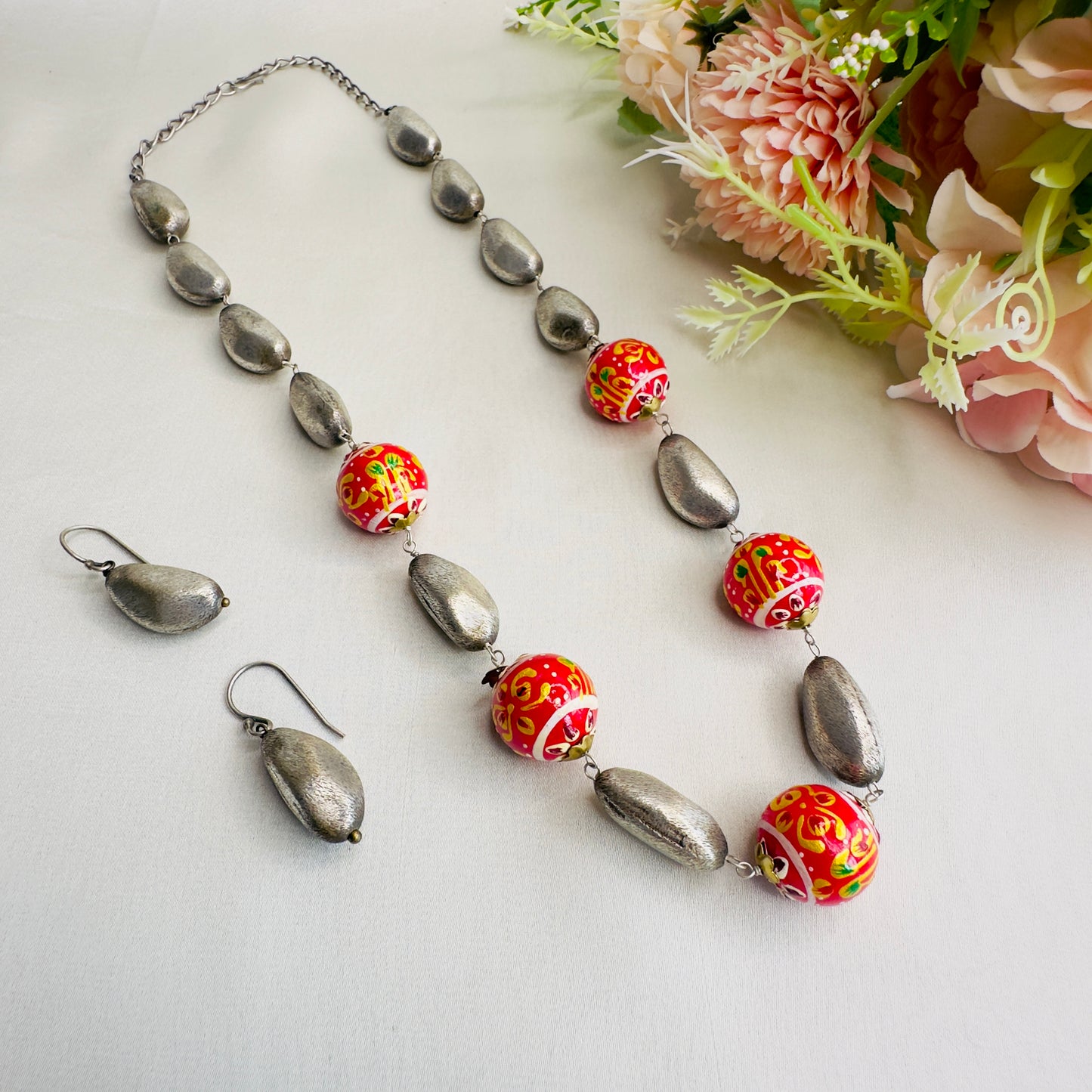 Silver tone hand painted Necklace set