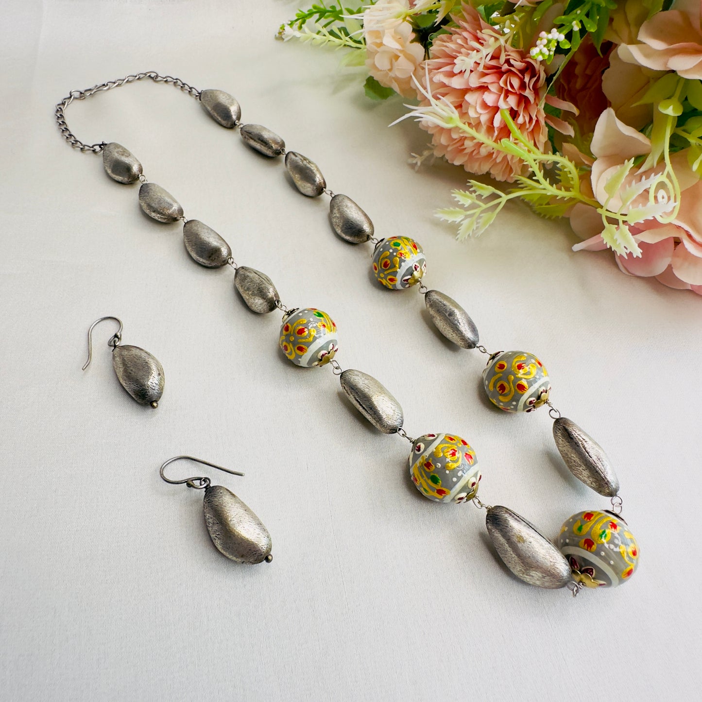 Silver tone hand painted Necklace set