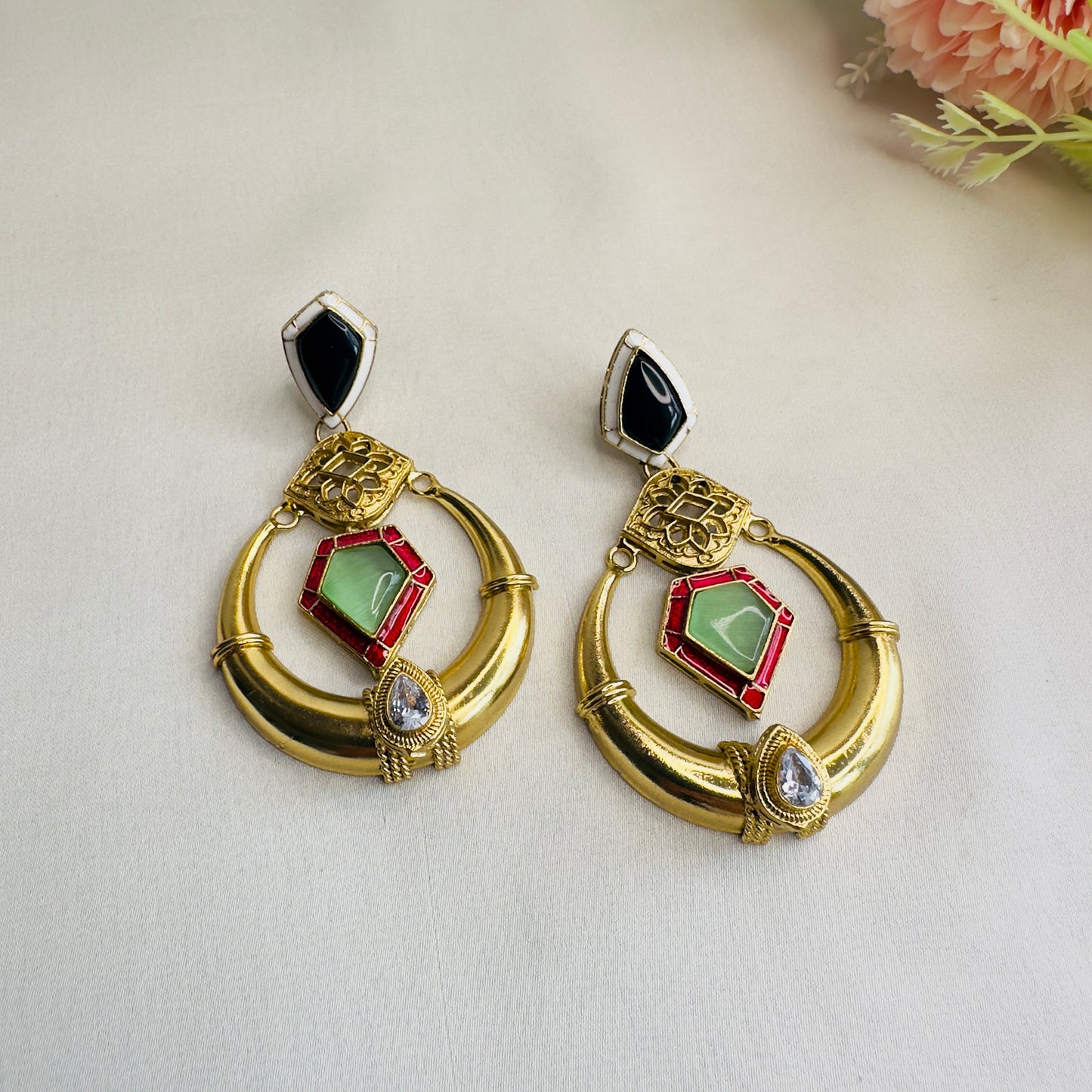 Golden Polish Ruby Green Chandbali Earring