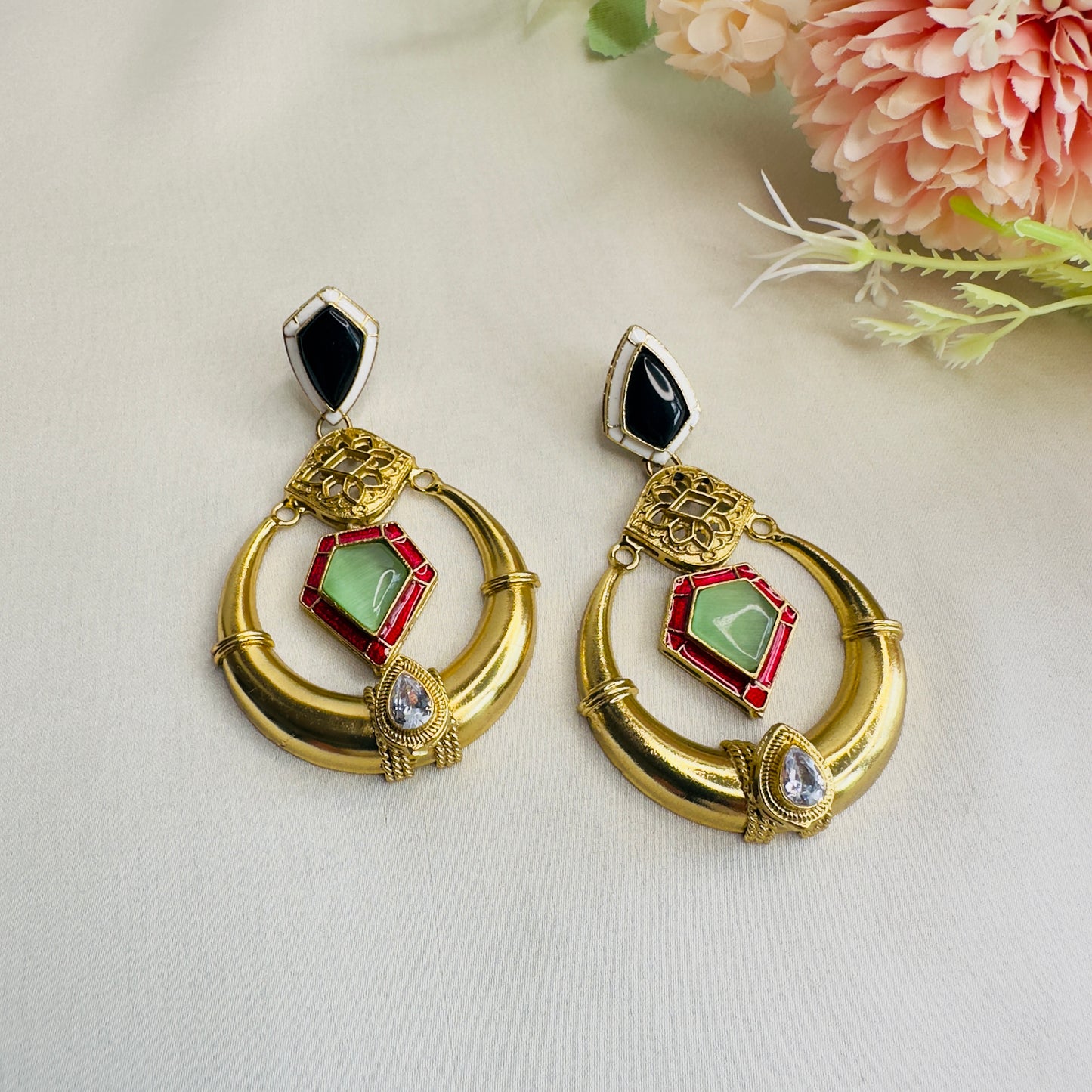 Golden Polish Ruby Green Chandbali Earring