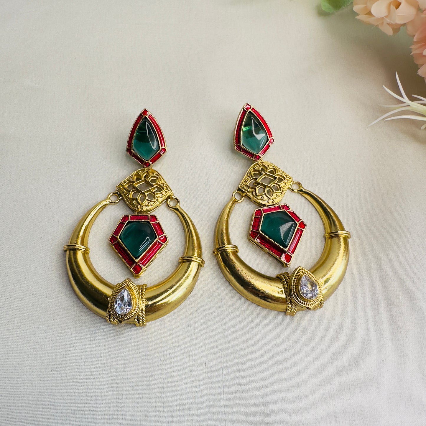 Golden Polish Ruby Green Chandbali Earring