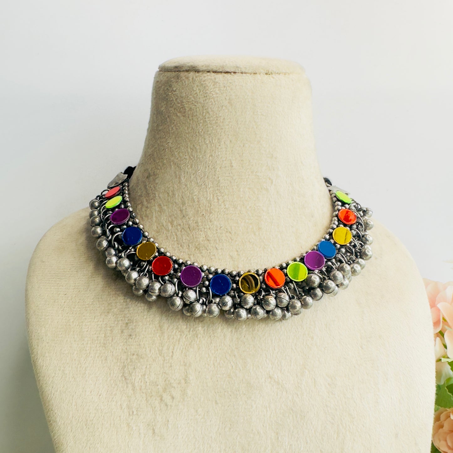 Multicolor Mirror Work Oxidized neckalce