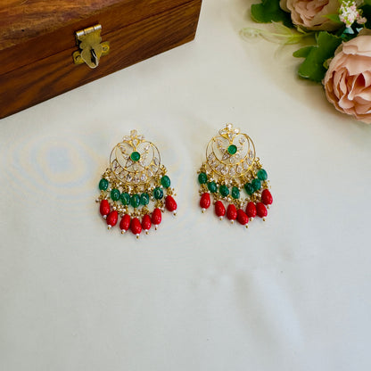 Red Green beads with Polki Earrings