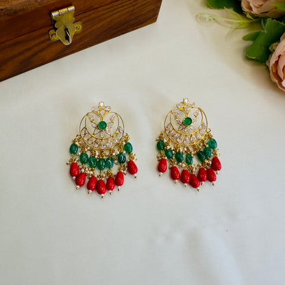 Red Green beads with Polki Earrings