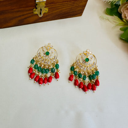 Red Green beads with Polki Earrings