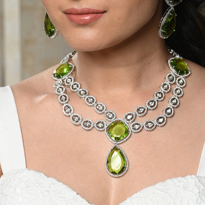 Magnificent American Diamond Studded Olivine Peridot Necklace Set