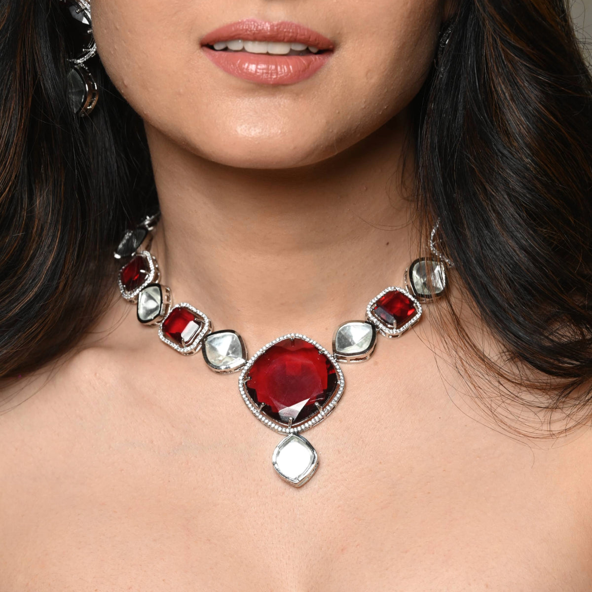 Ruby Red American Diamond Doublet And Kundan Necklace