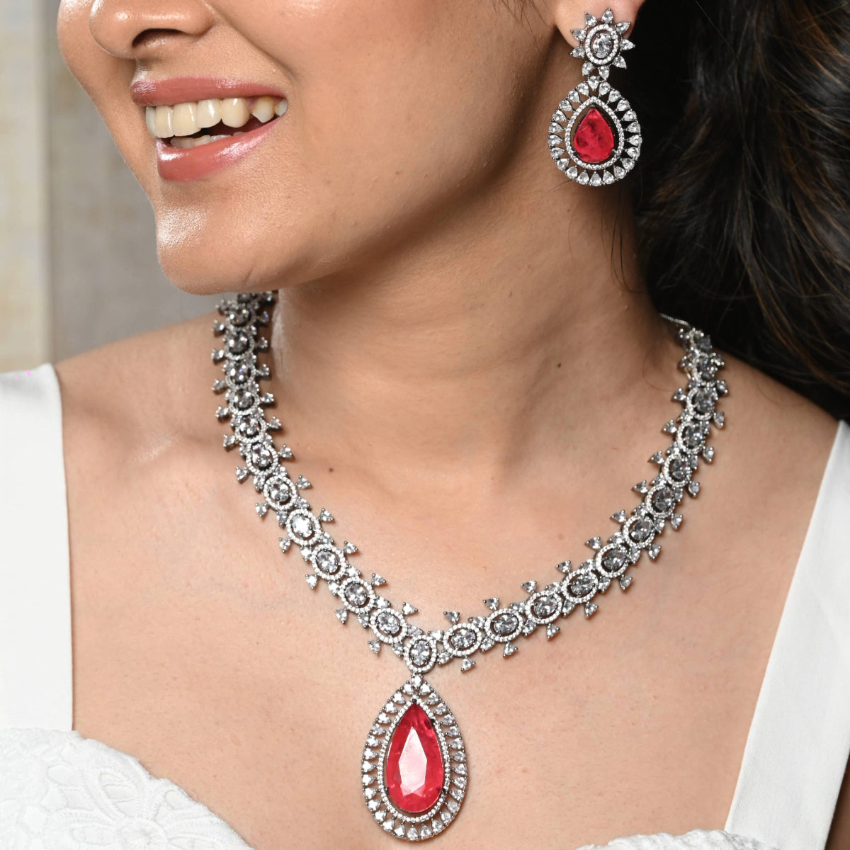 Rose Doublet American Diamond Necklace Set