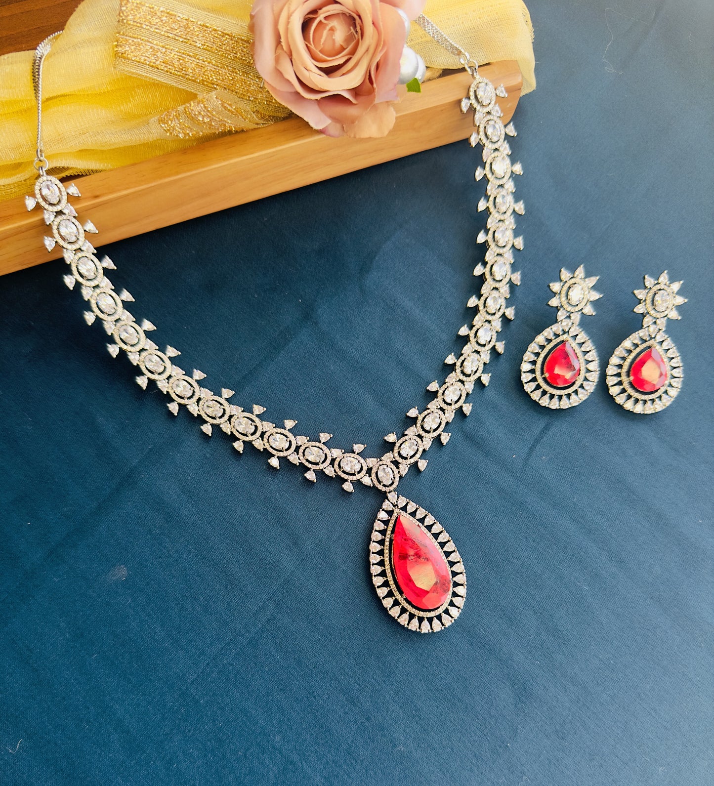 Rose Doublet American Diamond Necklace Set