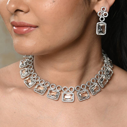 Cubic Shaped Silver American Diamond Choker Necklace Set