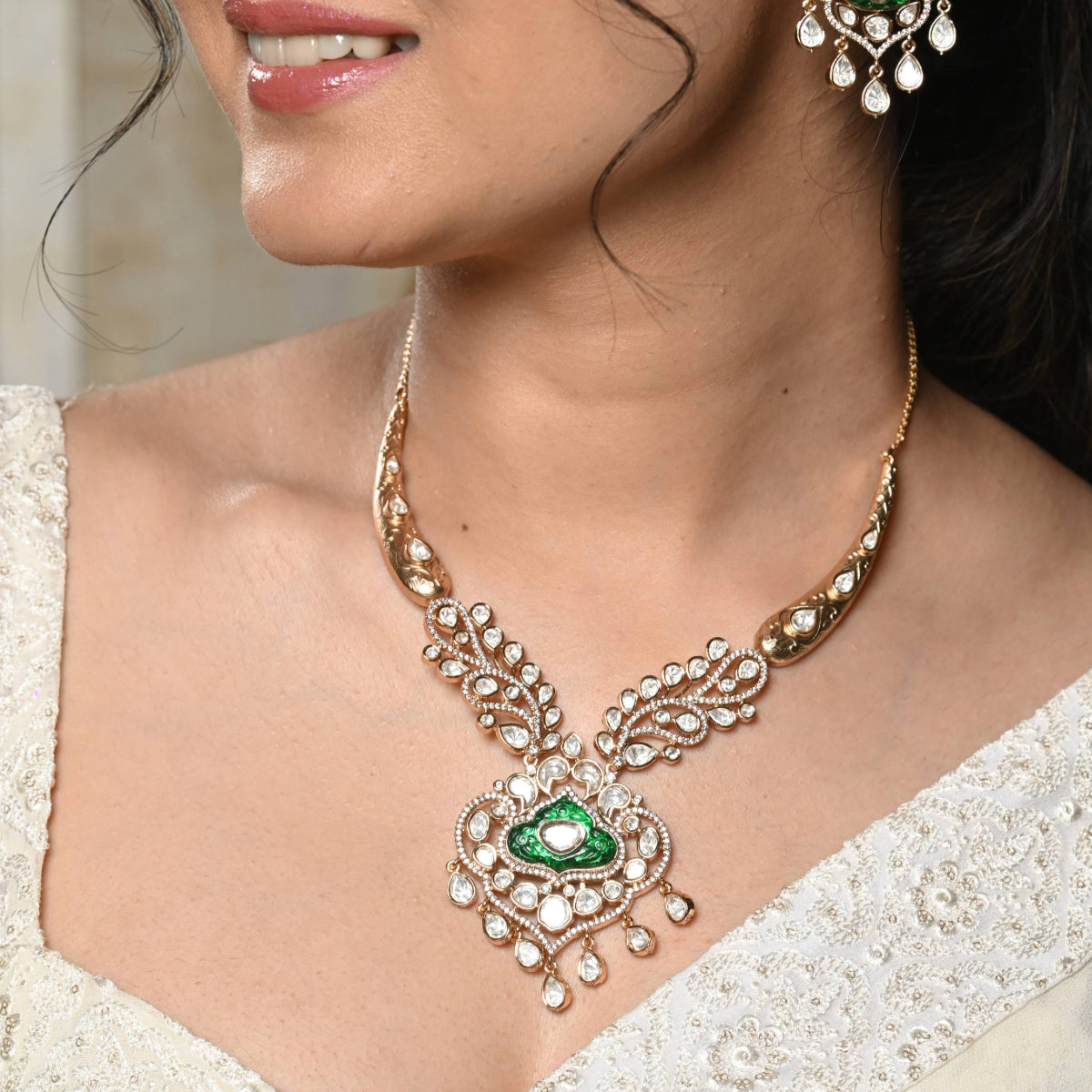 Elegant Emerald Kundan Studded Floral Necklace Set