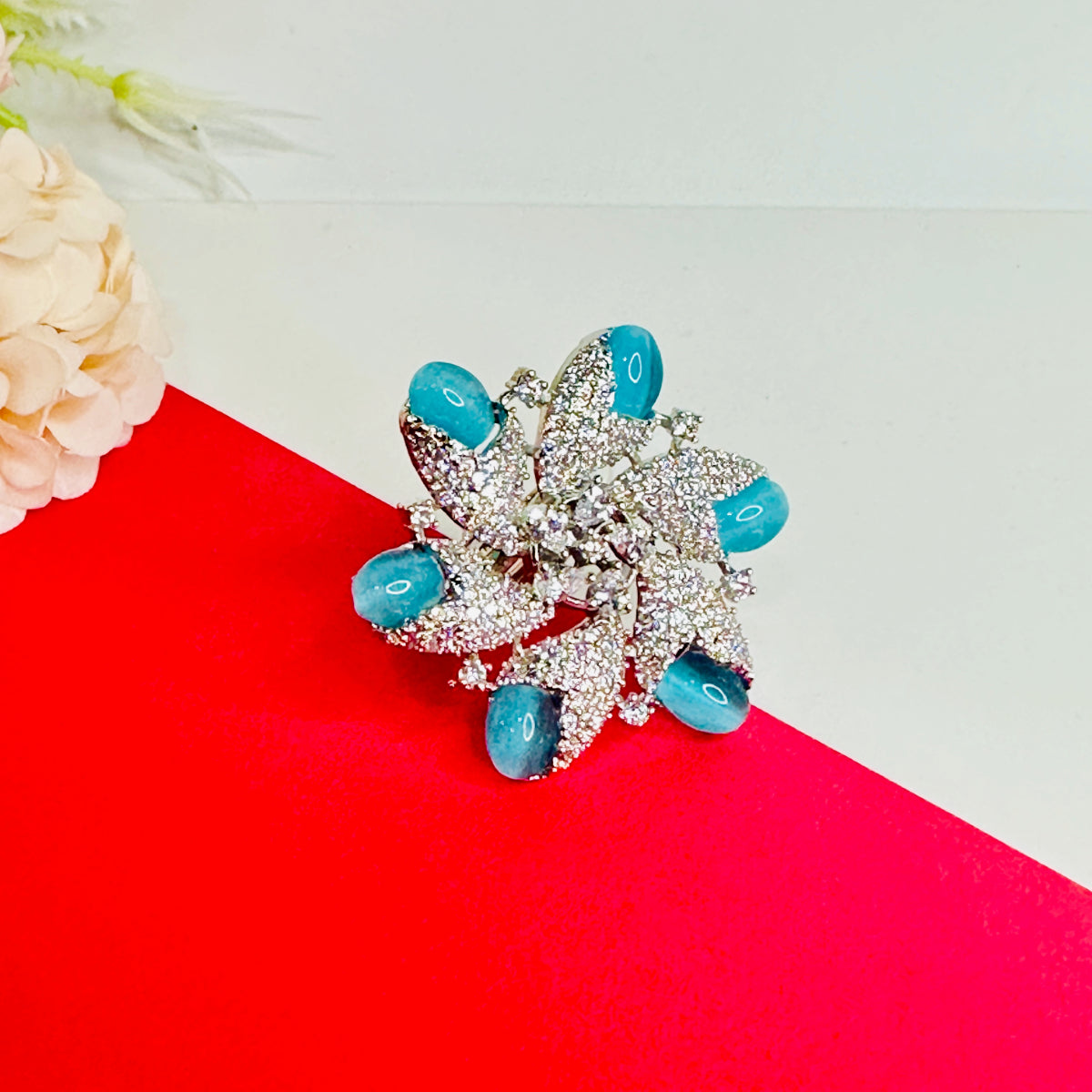 Stridhan Turquoise American Diamond studded Flower Ring