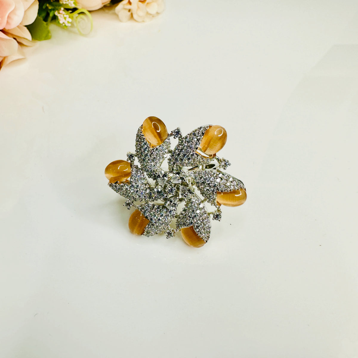 Stridhan Apricot American Diamond Studded Flower Ring