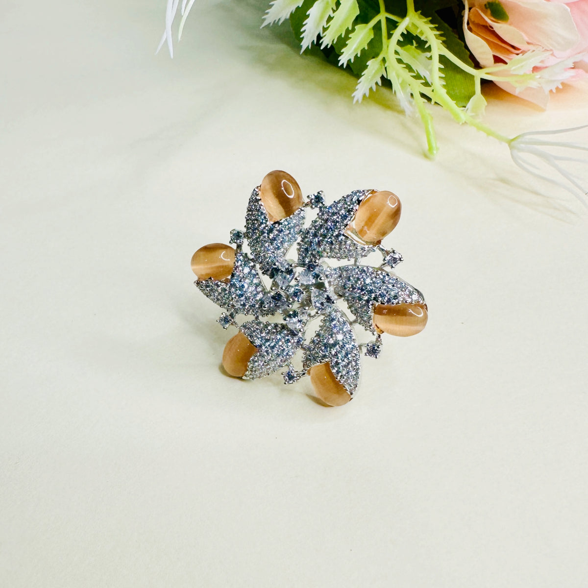 Stridhan Apricot American Diamond Studded Flower Ring