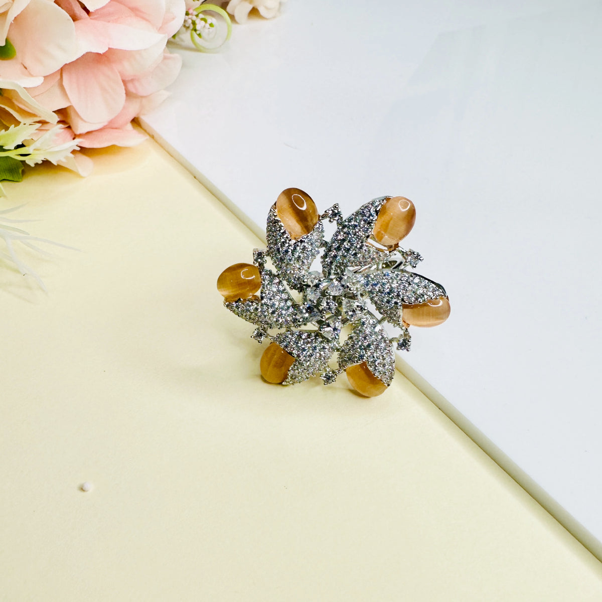 Stridhan Apricot American Diamond Studded Flower Ring