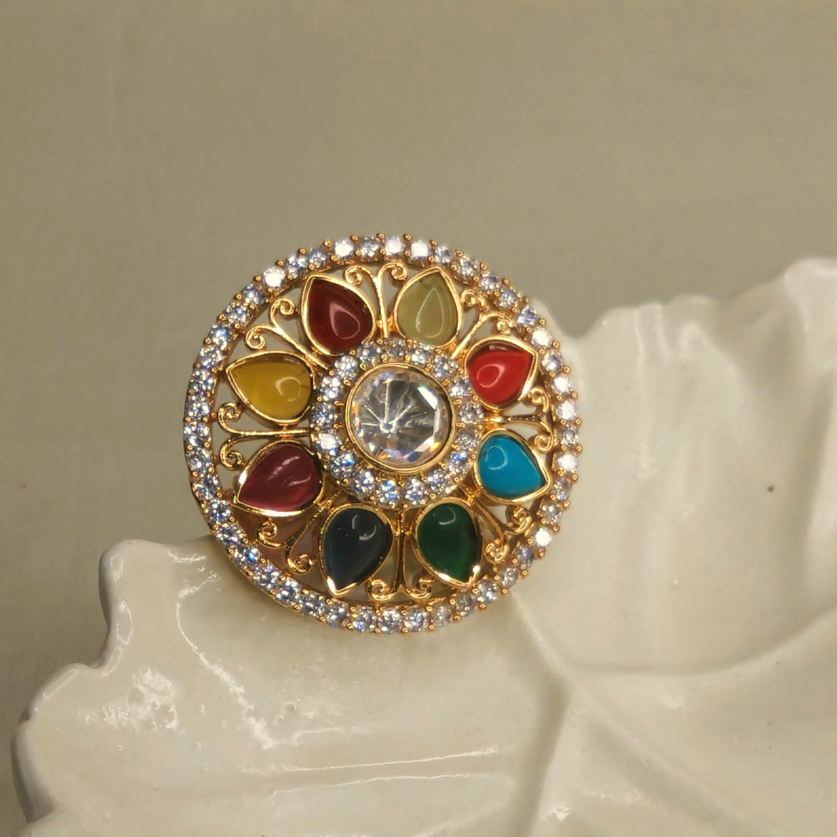 Stridhan 18K Gold Finish Kundan Polki Multi Color Ring