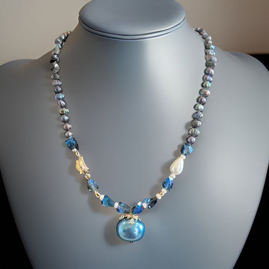 Stridhan Natural Deep Blue 18mm Pearl Necklace Set