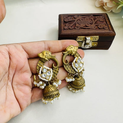 Elephant Motif Pachi Kundan small Jhumki Earrings